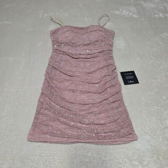 Lulus Dresses & Skirts - Lulus Flirty Vibes Bodycon Mini Dress Small Pink Shimmer Sequin Straps New w/Tag